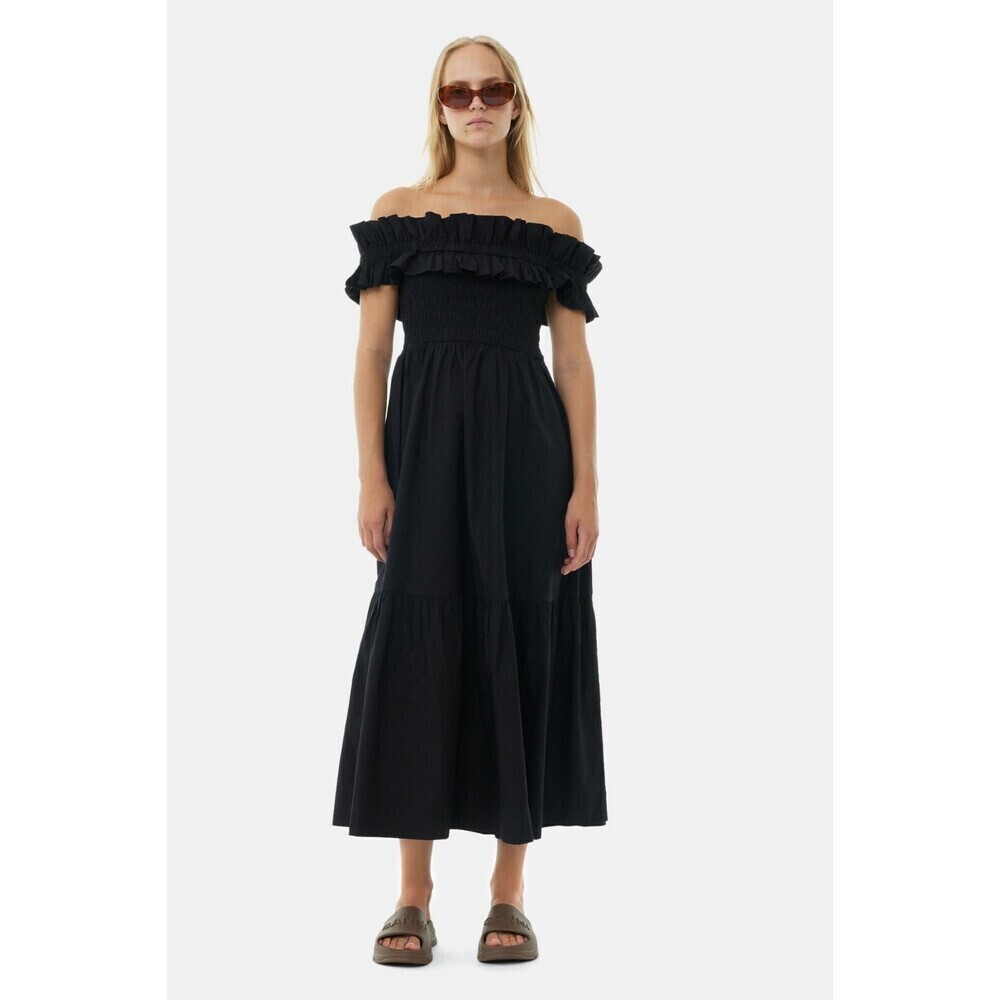 GANNI women's Long Poplin Smock off shoulder Dress Size 48 ( US16) $425 black
